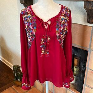 VaVa by Joy Han Red Floral Embroidered DIANNE PEASANT TUNIC BLOUSE, M!
